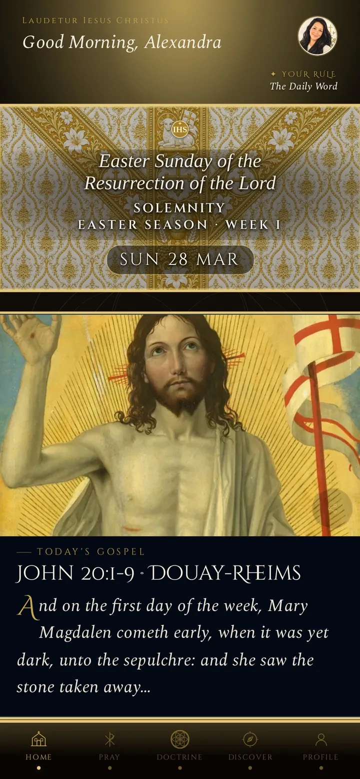 The Monstrance home screen on Easter Sunday: the white-and-gold banner leads with the solemnity, beneath it Bergognone's Christ Risen from the Tomb and the day's Gospel