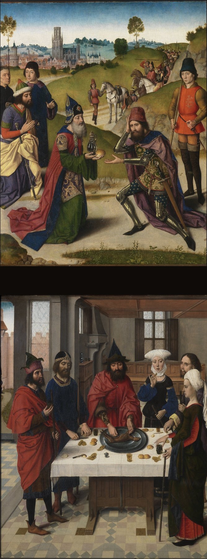 Altarpiece of the Holy Sacrament - Abraham and Melchizedek; the Passover (left wing) — Dieric Bouts