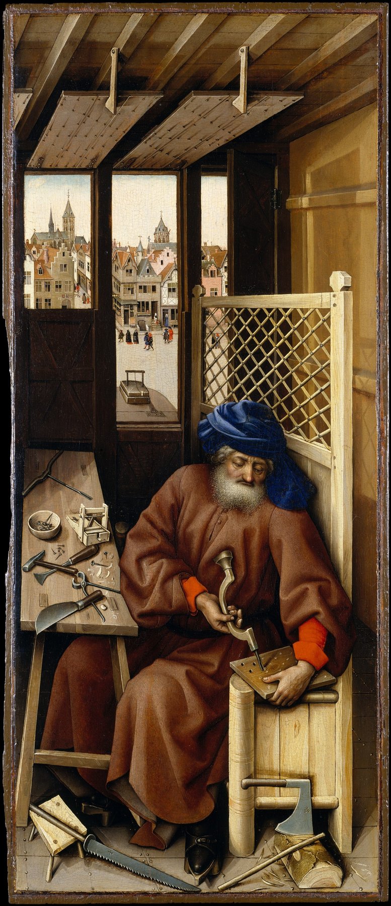 The Merode Altarpiece — Joseph in his Workshop (right wing) — Workshop of Robert Campin