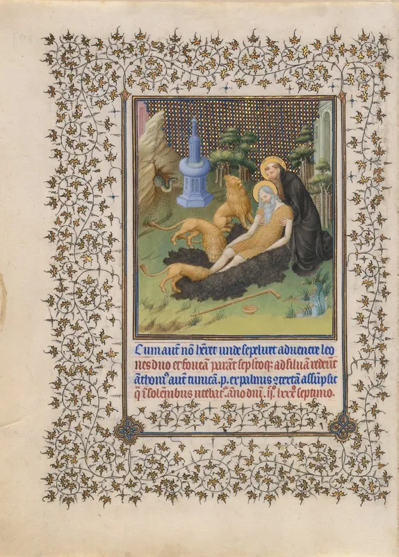 Lions Help Saint Anthony Bury Saint Paul — Herman, Paul, and Jean de Limbourg (Franco-Netherlandish, active in France by 1399–1416)