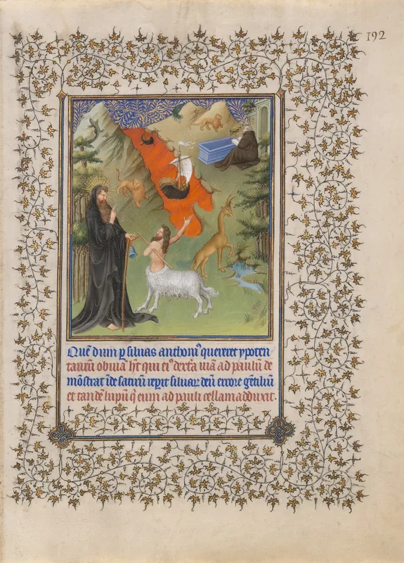 Saint Anthony Receives Directions from a Satyr — Herman, Paul, and Jean de Limbourg (Franco-Netherlandish, active in France by 1399–1416)