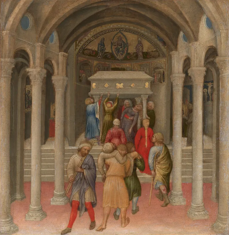 The Crippled and Sick Cured at the Tomb of Saint Nicholas (Quaratesi Polyptych predella) — Gentile da Fabriano (Italian, Marchigian, c. 1370 - 1427)