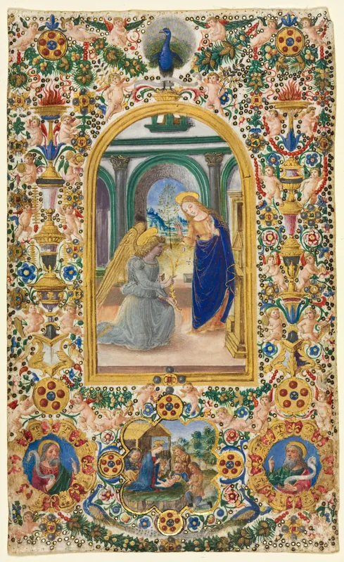 Leaf from a Book of Hours: Annunciation, Nativity and Two Prophets, Attributed to the Master of Riccardiana 231