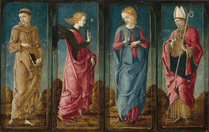 The Annunciation with Saint Francis and Saint Louis of Toulouse [four panels] — Cosmè Tura (Ferrarese, c. 1433–1495)
